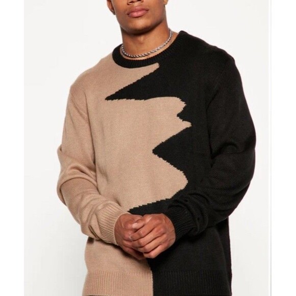 NOVA MEN Abstract Two-tone Men’s Long Sleeve Gold And Black Crew Neck Sweater XL - Picture 2 of 11